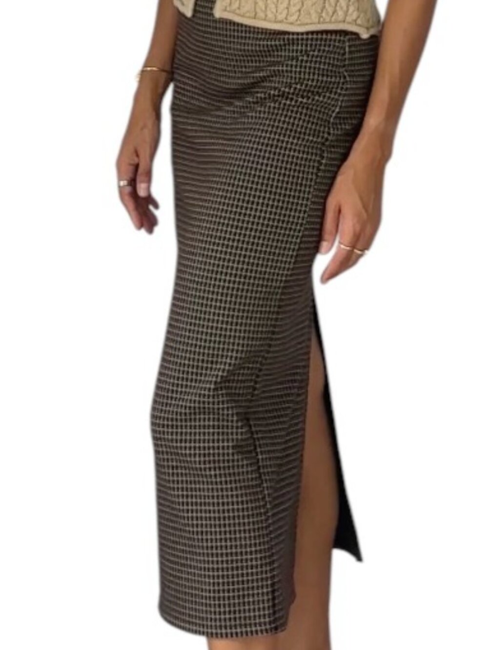 House of Harlow 1960 Brown Black Micro Check Midi Skirt Stretch Size XS